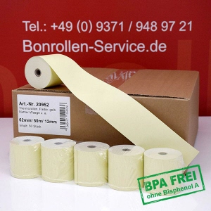 Thermorollen / Kassenrollen 62/50m/12 - gelb, BPA-frei, außenbeschichtet