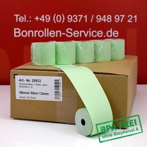 Thermorollen / Kassenrollen 58/50m/12 - grün, BPA-frei, außenbeschichtet