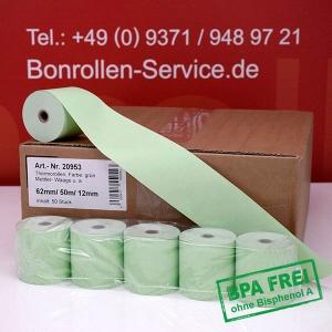 Thermorollen / Kassenrollen 62/50m/12 - grün, BPA-frei, außenbeschichtet