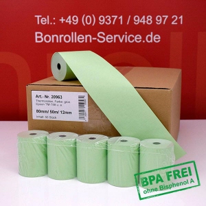 Thermorollen / Kassenrollen 80/50m/12 - grün, BPA-frei, außenbeschichtet