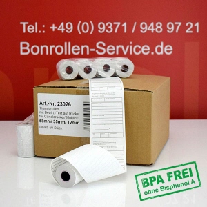 Thermorollen / Kassenrollen 58/15m/12 (mit Bewirtungstext) - weiß, BPA-frei, außenbeschichtet