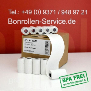 Thermorollen / Kassenrollen 57/10m/12 - weiß, BPA-frei, außenbeschichtet