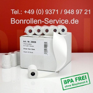 Thermorollen / Kassenrollen 57/15m/12 - weiß, BPA-frei, außenbeschichtet