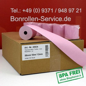 Thermorollen / Kassenrollen 58/50m/12 - rosa, BPA-frei, außenbeschichtet