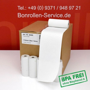Thermorollen / Kassenrollen 112/25m/12 - weiß, BPA-frei, außenbeschichtet