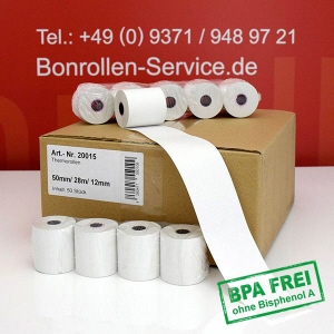 Thermorollen / Kassenrollen 50/28m/12 - weiß, BPA-frei, außenbeschichtet