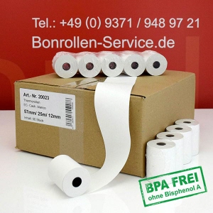 Thermorollen / Kassenrollen 57/25m/12 - weiß, BPA-frei, außenbeschichtet