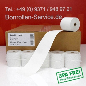 Thermorollen / Kassenrollen 62/50m/12 - weiß, BPA-frei, außenbeschichtet